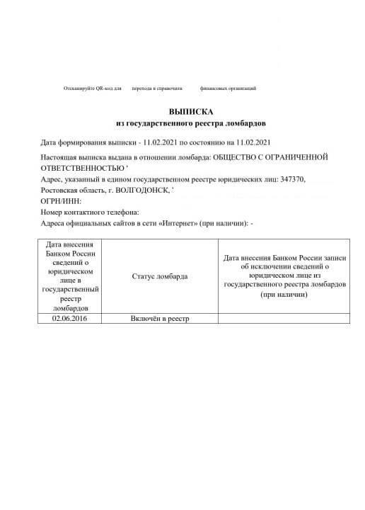 Внесение в Реестр ломбардов