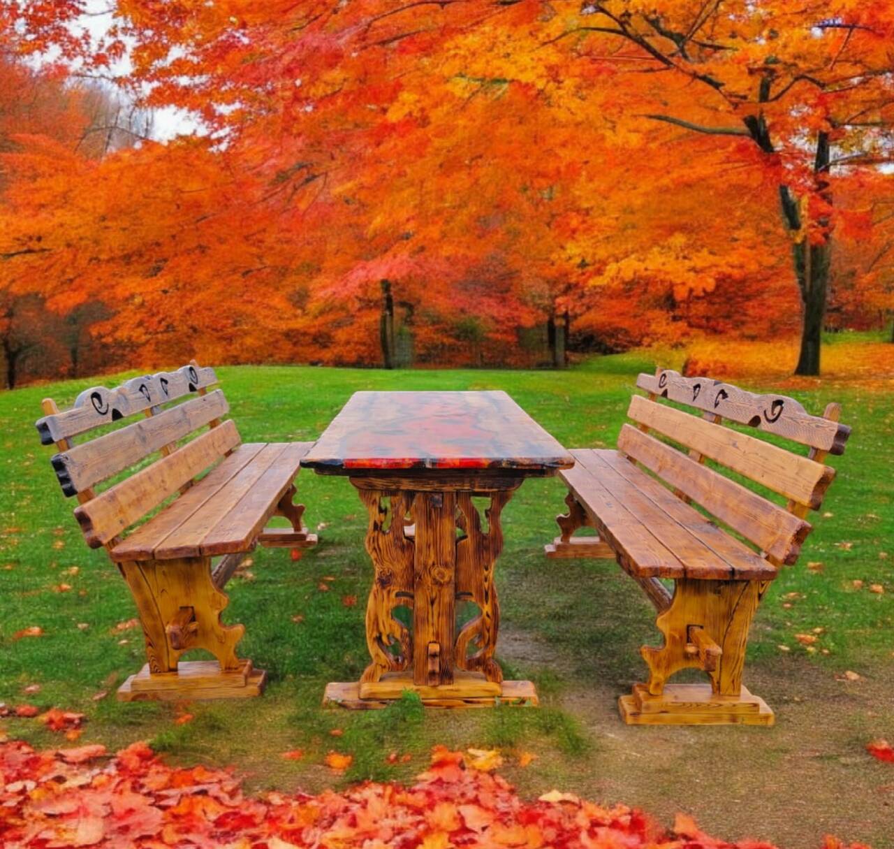 Стол из смолы "лава" с лавками.