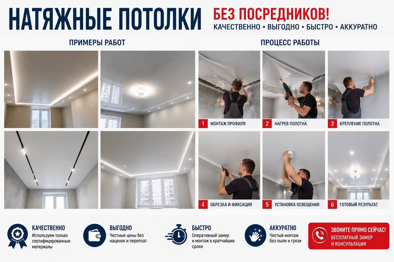 Натяжные потолки без посредников под ключ