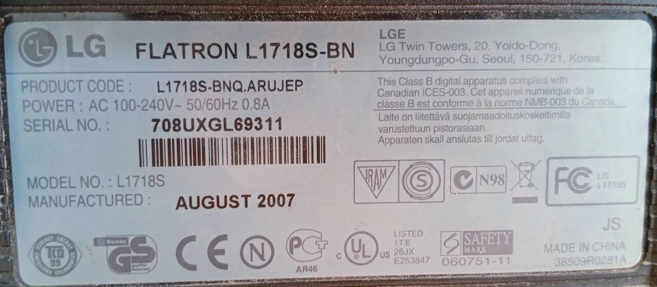Монитор LG Flatron 17" L1718S-BN в Ужуре фото 3 Бытовая электроника Ужур